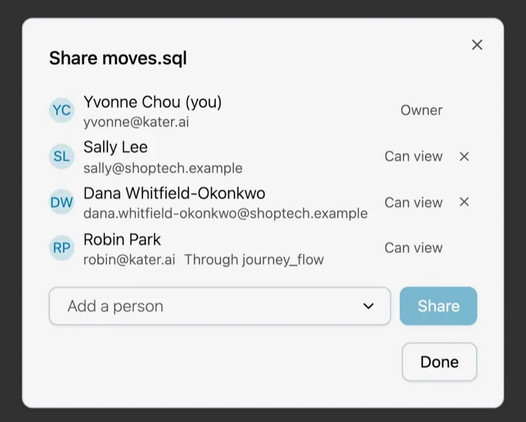 The Share dialog for a scratch file, listing the owner, two people who can view and one who can view through a folder