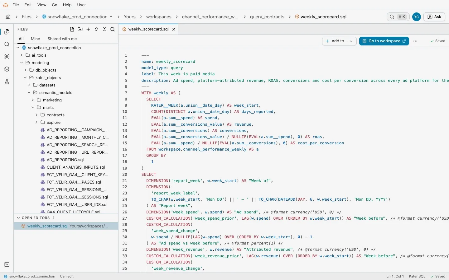 A workspace query open in Files, with Add to and Go to workspace in the toolbar