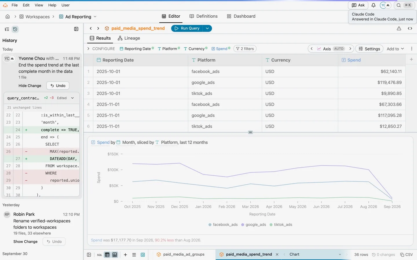 History showing an agent's change to a query with its diff and an Undo button