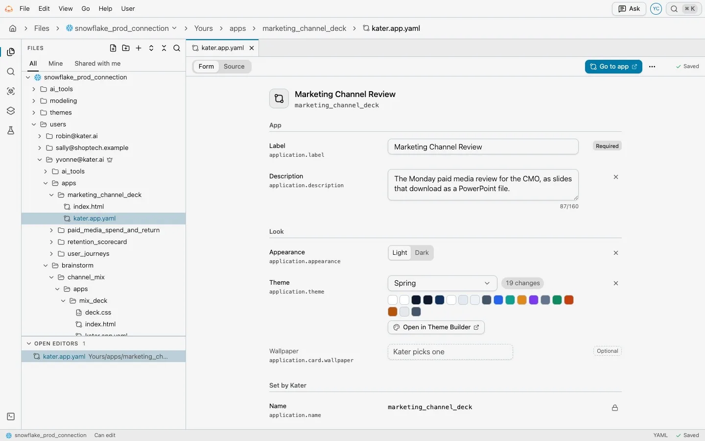An app's kater.app.yaml drawn as a form, with label, description, appearance and theme