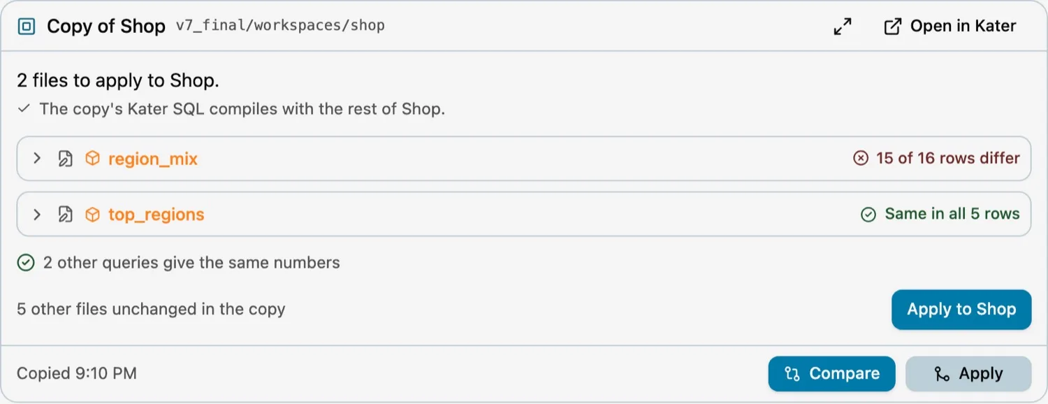 An apply card: two files to apply to Shop, one with 15 of 16 rows that differ and one with the same rows