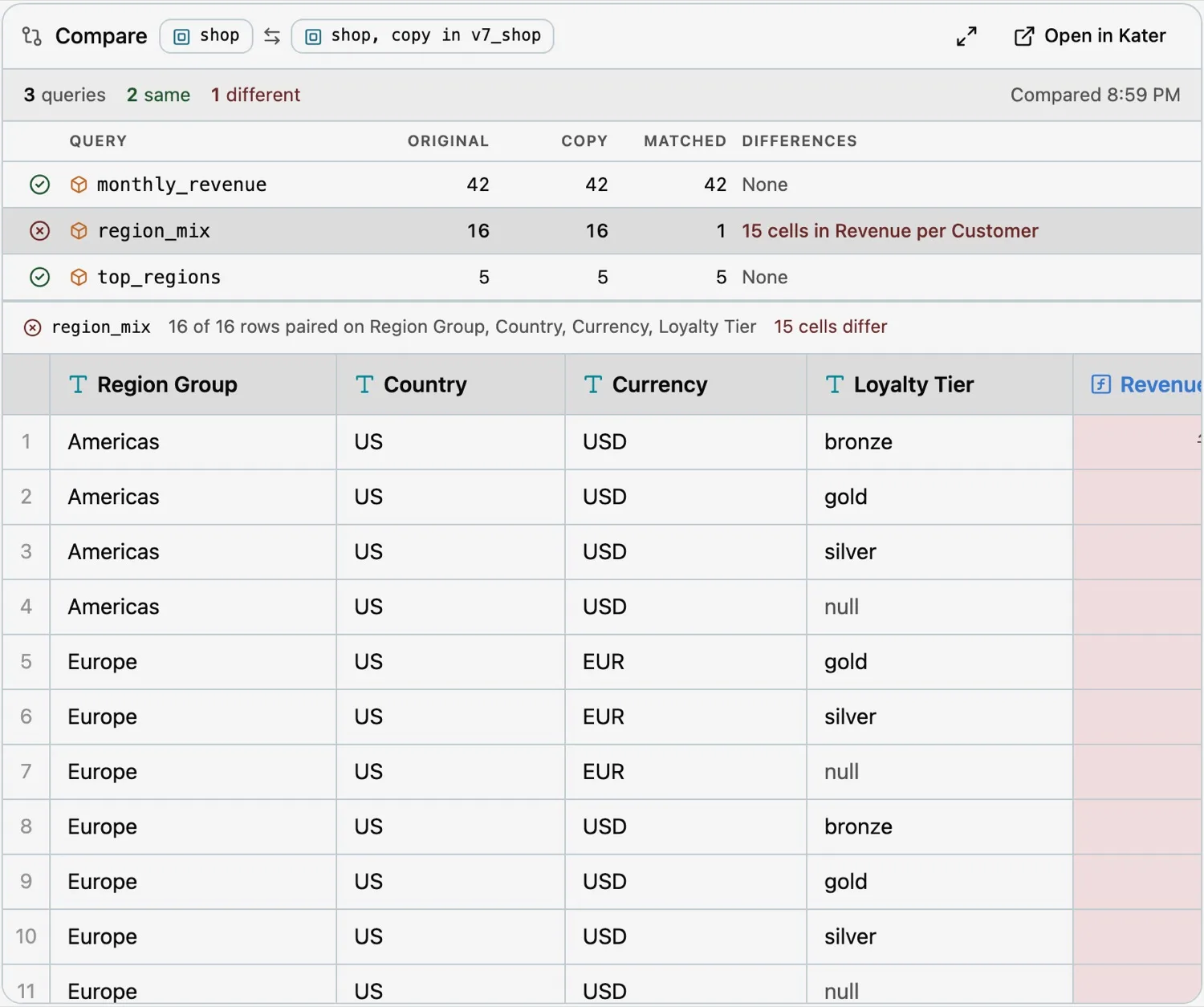 A compare card in chat showing which queries match and the cells that differ