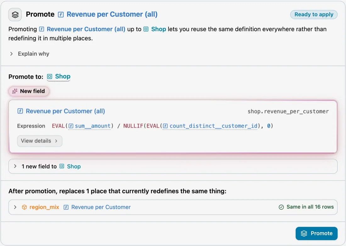 A promotion card proposing Revenue per Customer as a new field on Shop, replacing one definition