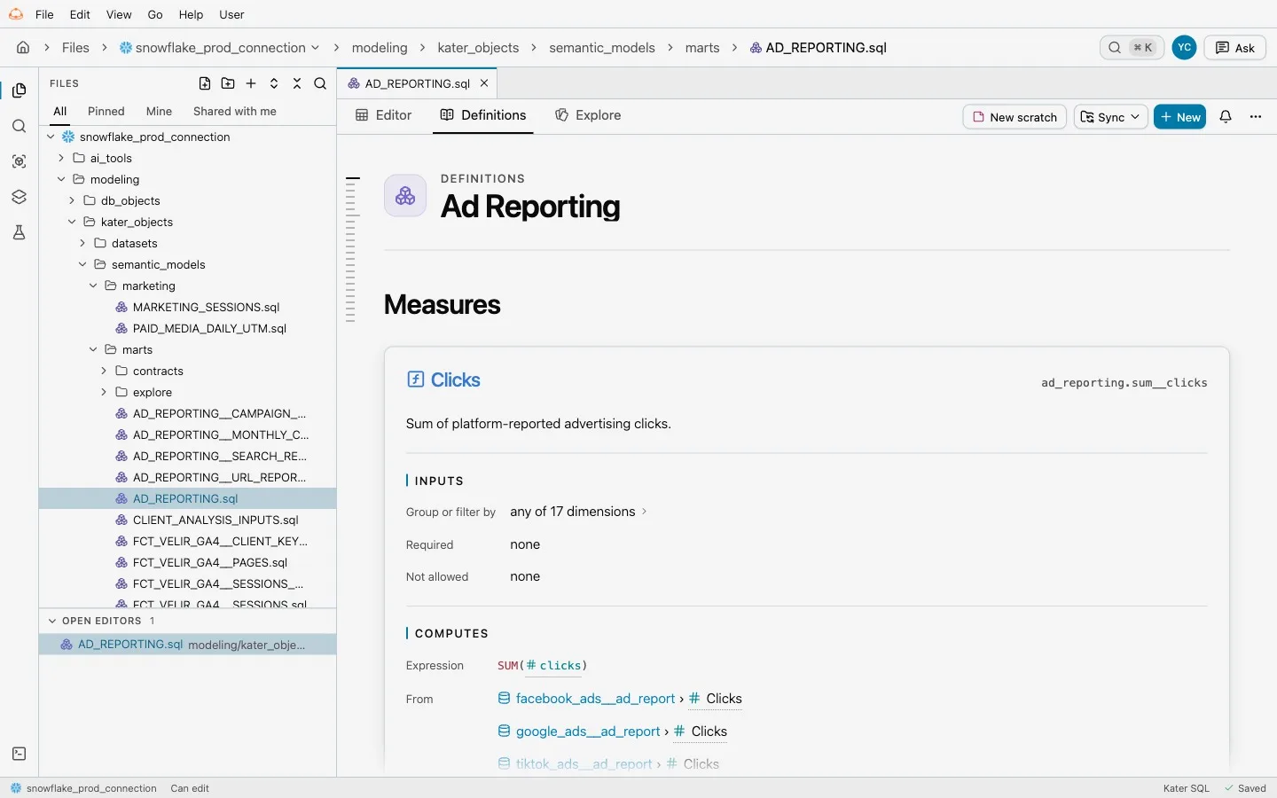 Kater SQL: define a measure once, evaluate it at any grain