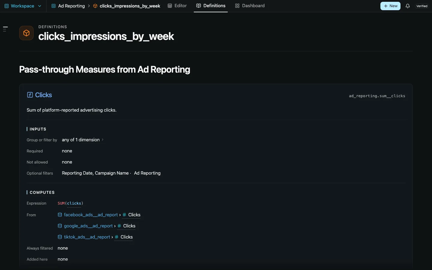 Pass-through measures in a workspace's Definitions tab, with where each value comes from