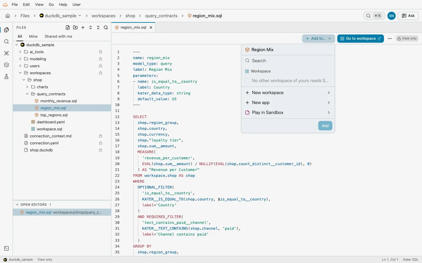 The region_mix query in Files: a Revenue per Customer measure built from two EVALs, with optional and required filters