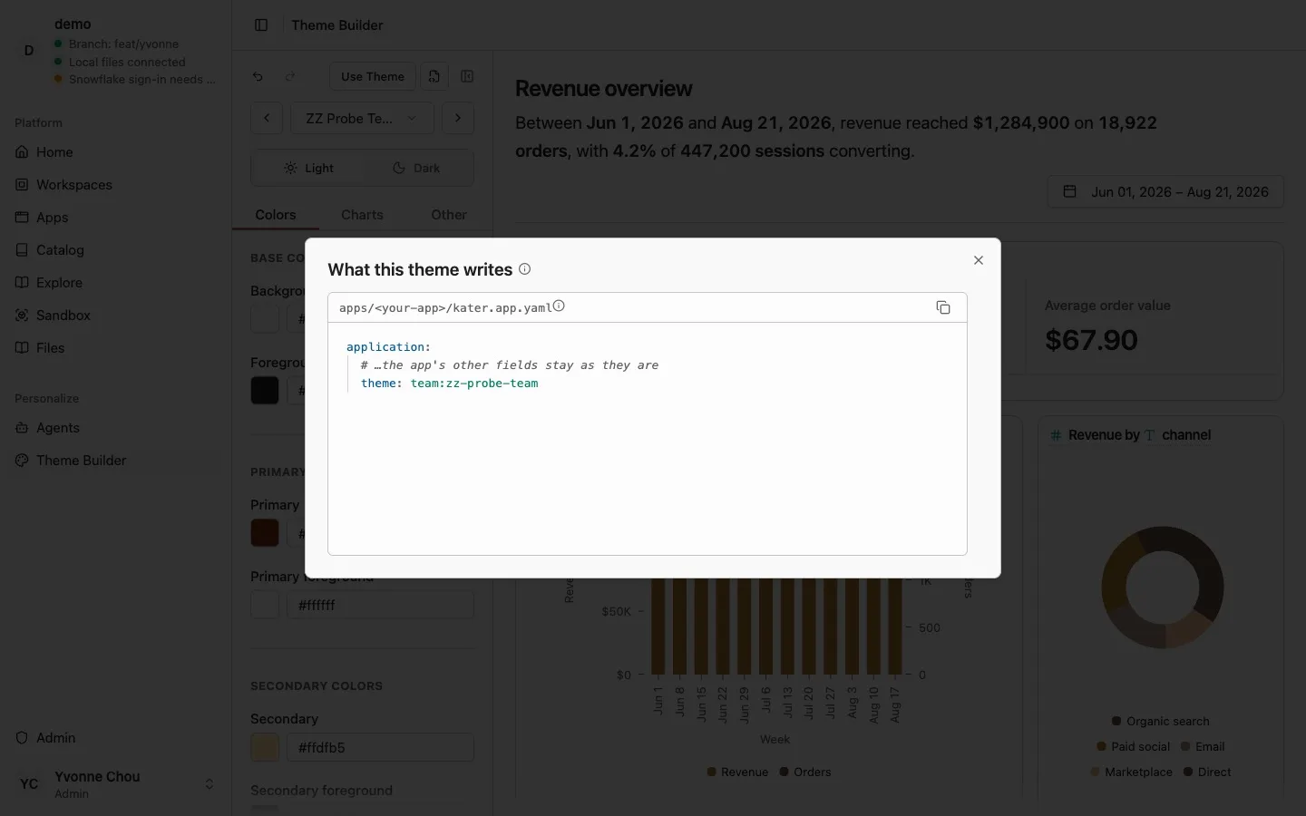 The What this theme writes dialog showing the theme line Kater adds to the app's kater.app.yaml