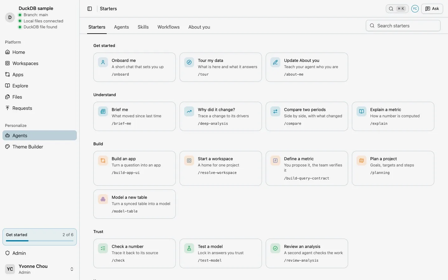 The Starters page with skills grouped under Get started, Understand, Build and Trust