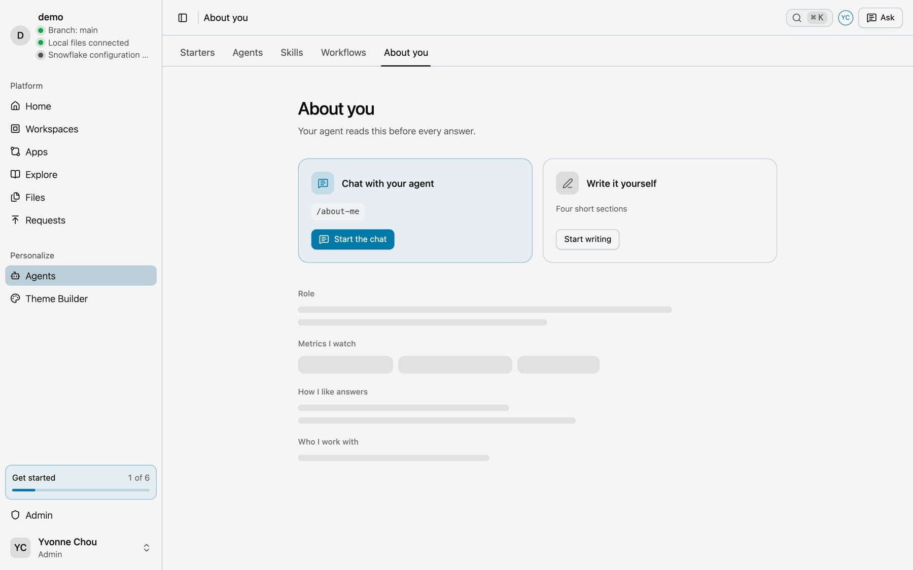 The About you page with two choices, Chat with your agent with the /about-me command and Start the chat, and Write it yourself with Five short sections and Start writing