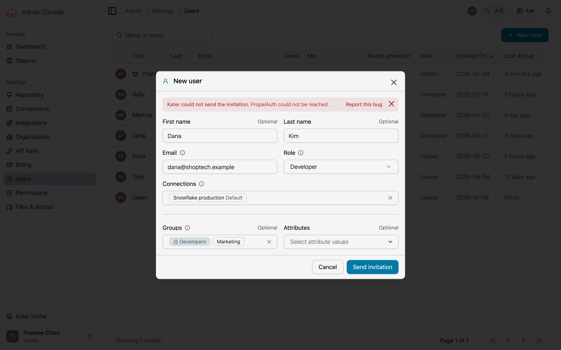 The New user dialog with a red alert at the top that says Kater could not send the invitation because PropelAuth could not be reached