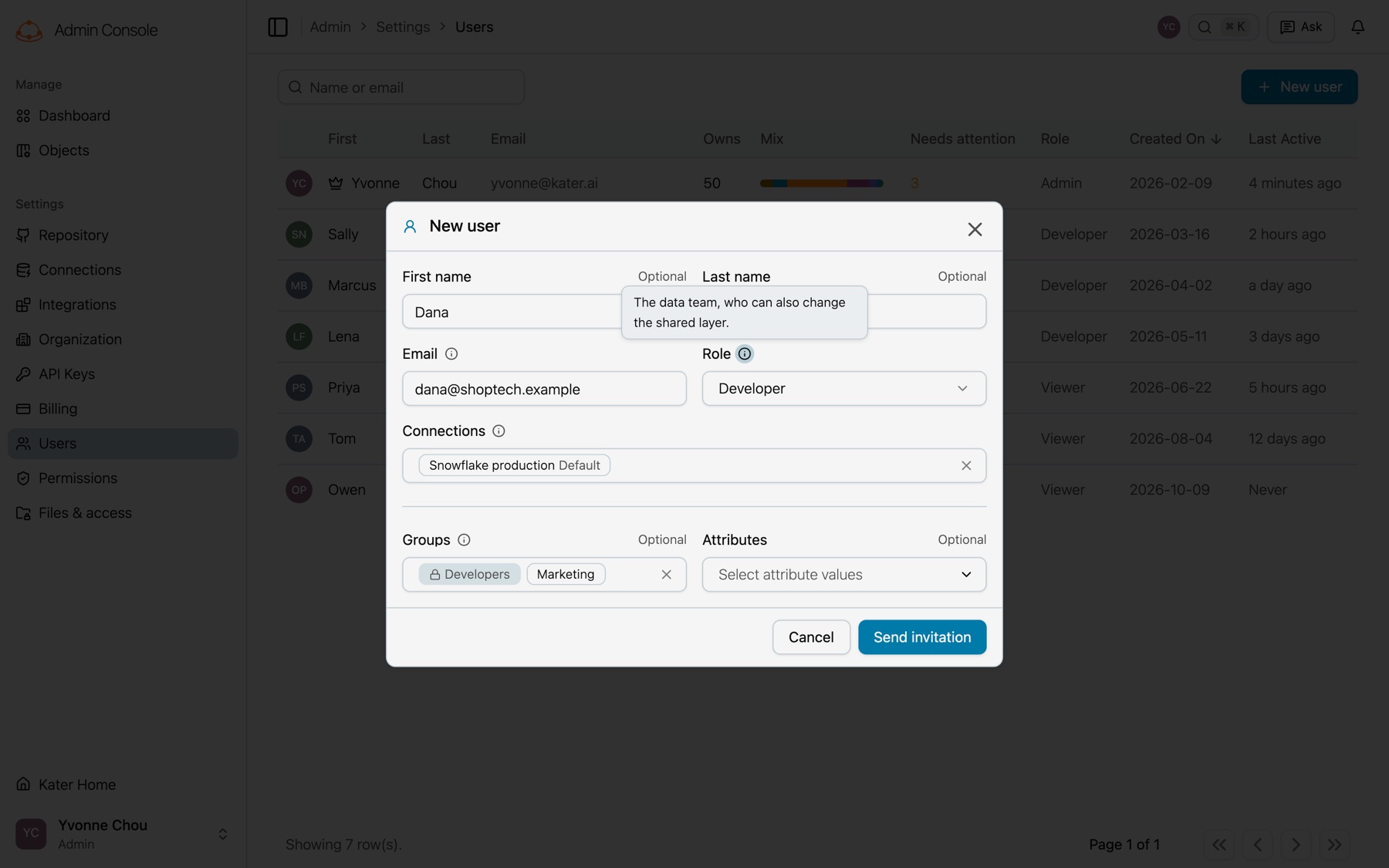 The New user dialog with the Role hint open, which says that a Developer is the data team, who can also change the shared layer