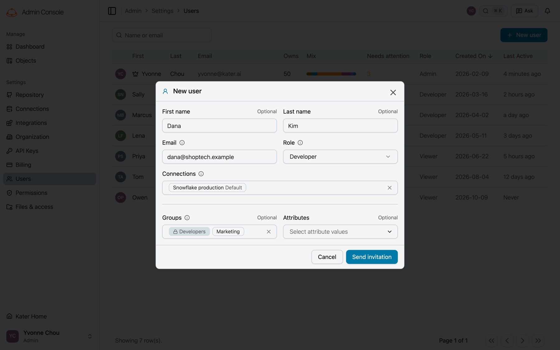 The New user dialog filled in for Dana Kim, with her email, the Developer role, the Snowflake production connection and the Marketing group