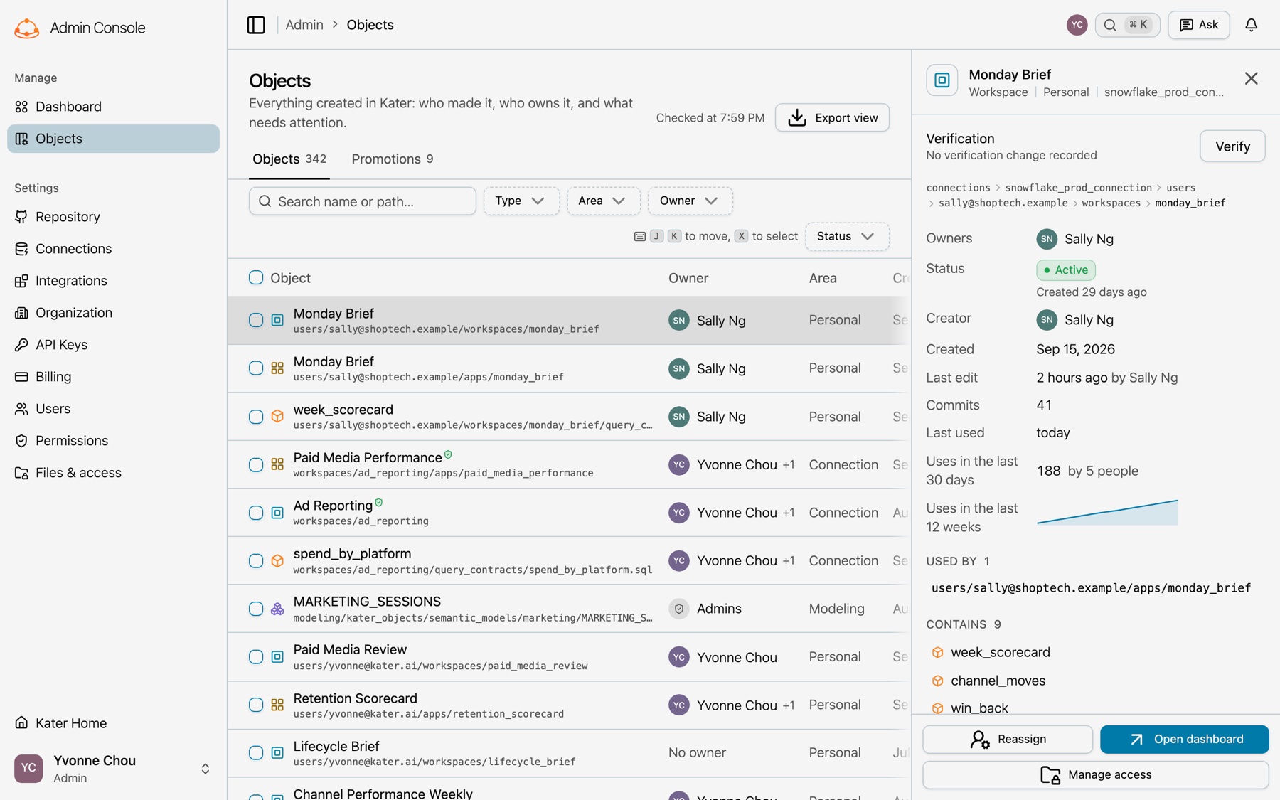 The admin Objects list with the Search, Type, Area, Owner and Status filters. Object details is open for the Monday Brief workspace, with its owner, status, uses, Used by and Contains