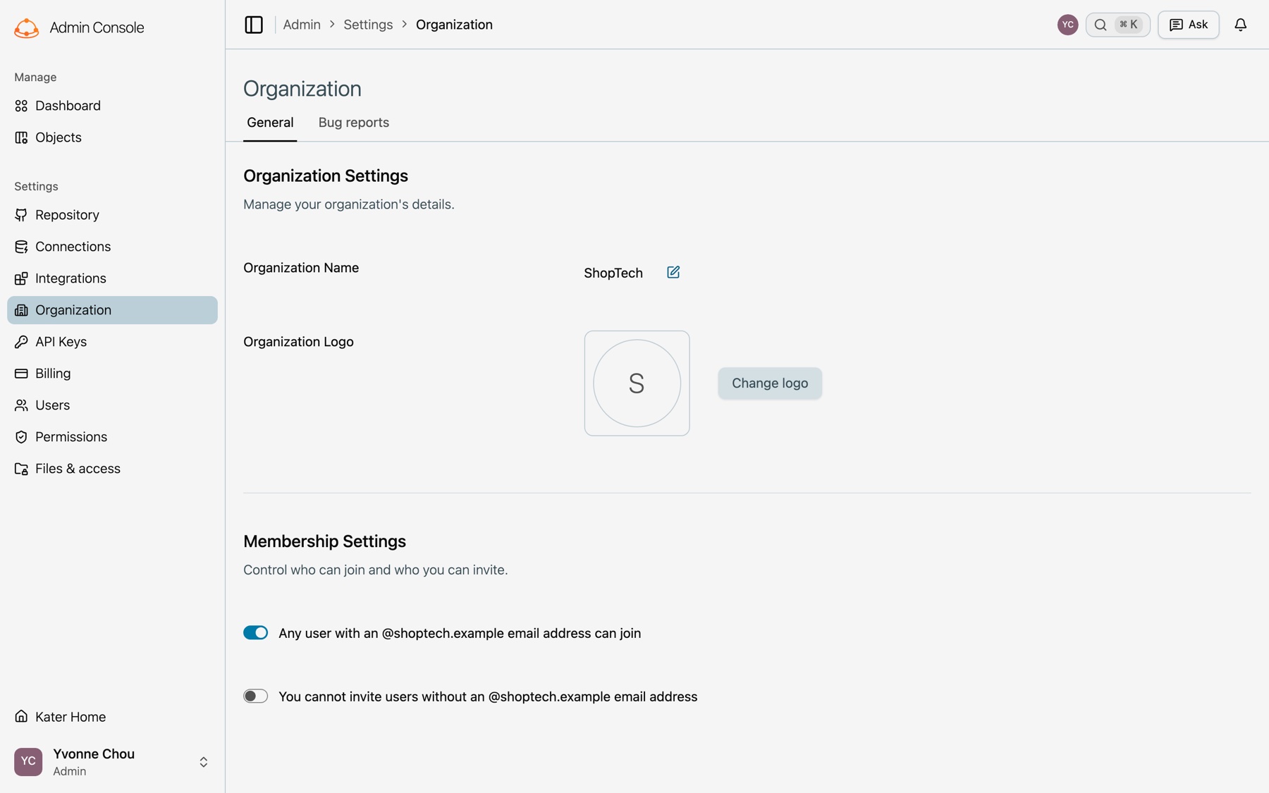 The admin Organization page on its General tab. Organization Settings shows the Organization Name ShopTech with its edit button and the Organization Logo with Change logo. Membership Settings shows two switches: Any user with an @shoptech.example email address can join, which is on, and You cannot invite users without an @shoptech.example email address, which is off