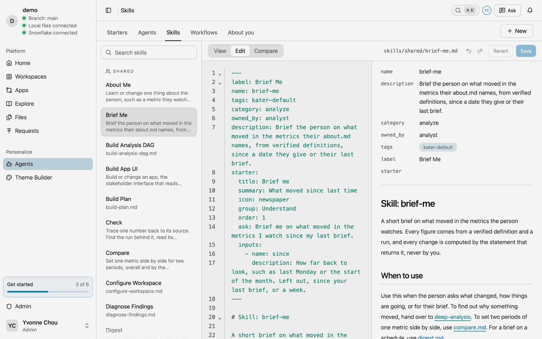 The Brief Me skill open in Edit, with its Markdown source on the left, the rendered skill on the right, and Revert and Save at the top