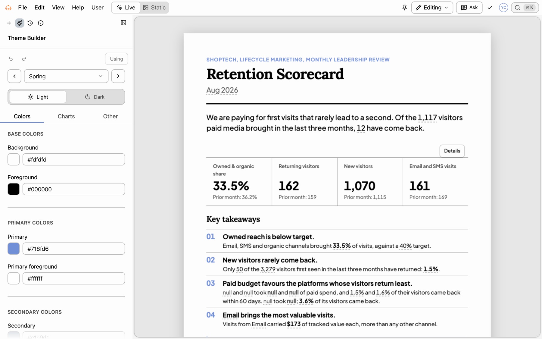 An app in Editing mode with the Theme panel open beside the page