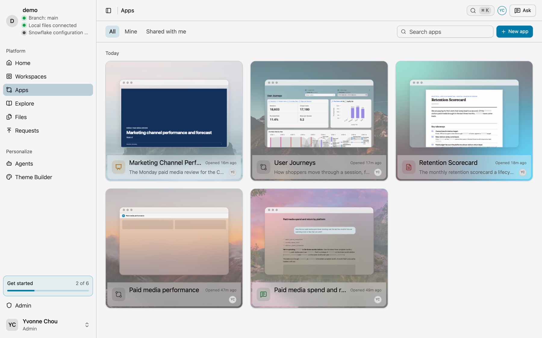 The Apps page with live app previews, the All, Mine and Shared with me tabs, and the New app button