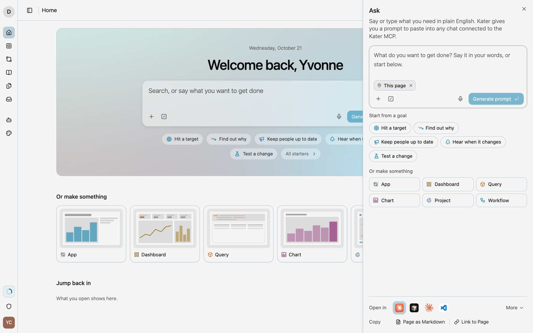 The Ask panel with its composer, Generate prompt, the starters and the Open in row of agent icons