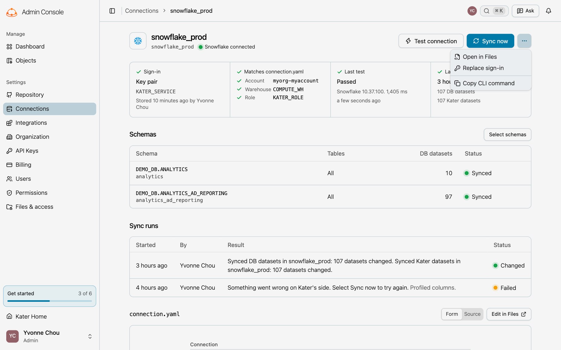 The More menu of a connection's page, with Open in Files, Replace sign-in and Copy CLI command