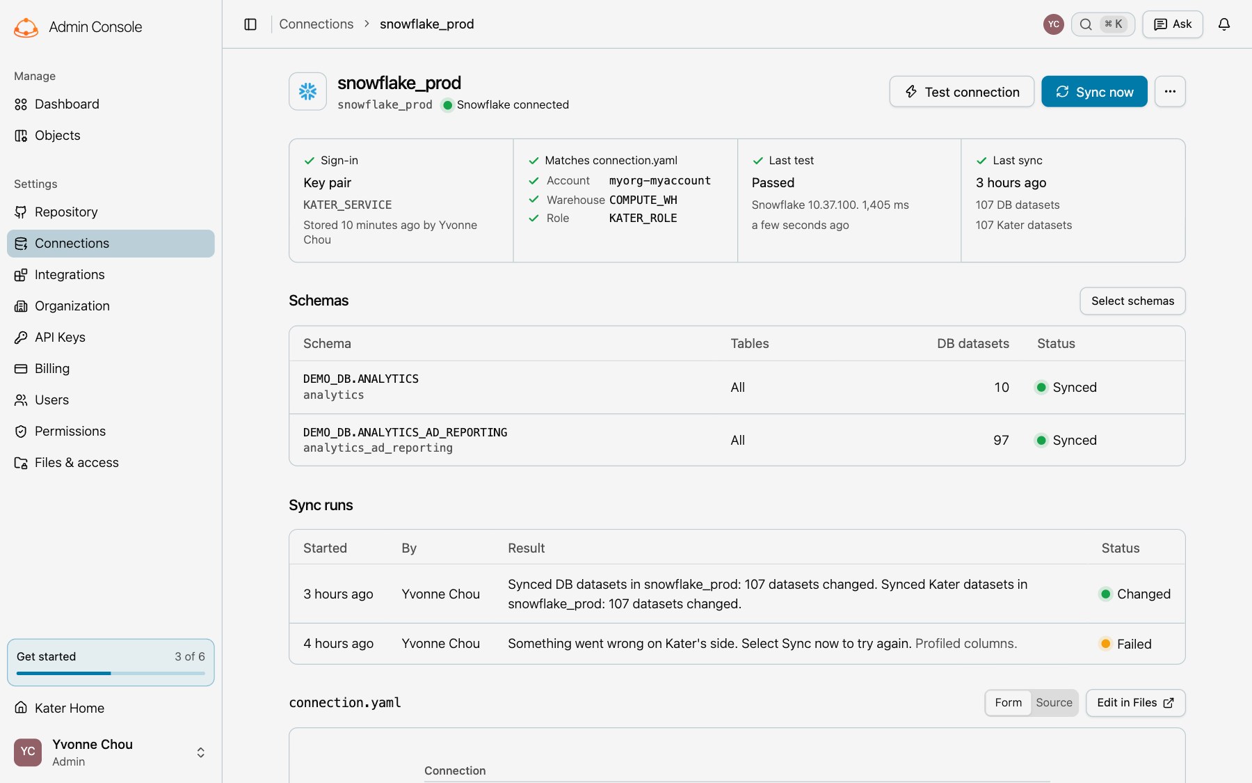 The page of the connection snowflake_prod: the sign-in, the warehouse settings, the last test and the last sync, then its two synced schemas and its sync runs