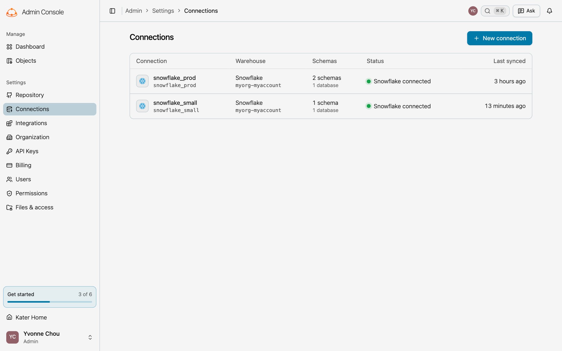 Settings, Connections, with two Snowflake connections, their schemas, status and last sync, and New connection at the top right