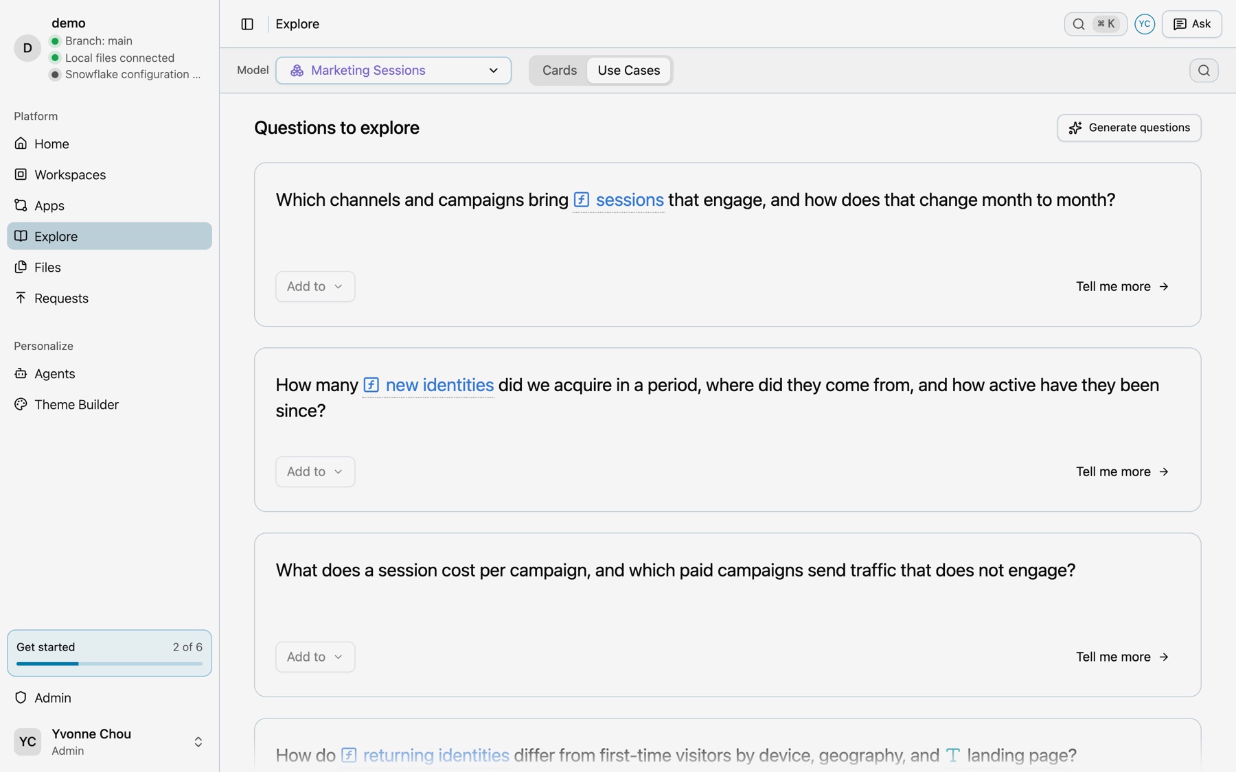 Explore, Use Cases view, with a question's numbered steps