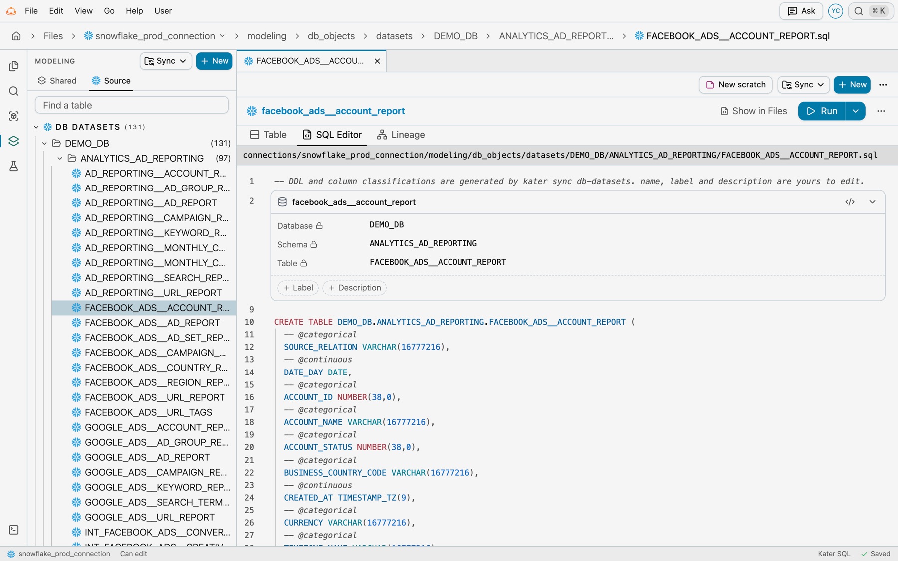 FACEBOOK_ADS__ACCOUNT_REPORT.sql open in Files with the Modeling sidebar on its Source tab: a card with the locked Database, Schema and Table, Label and Description buttons, and the generated CREATE TABLE with its column classifications
