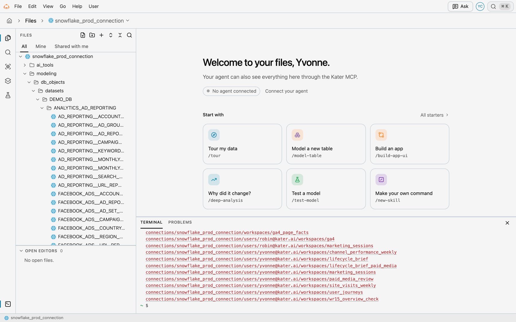 The Files page: the rail, the Files view with All, Mine and Shared with me over the folder tree, Open Editors at its foot, and the start page with Welcome to your files, Yvonne, the agent status, and six starters under Start with