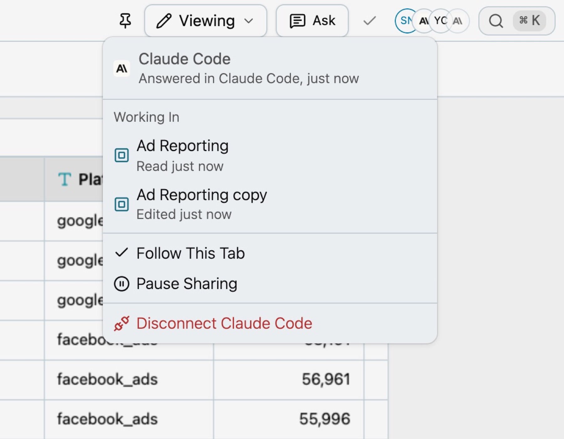 Claude Code's menu in the Kater header: Answered in Claude Code, just now, then Working In with Ad Reporting, Read just now, and Ad Reporting copy, Edited just now, then Follow This Tab, Pause Sharing and Disconnect Claude Code