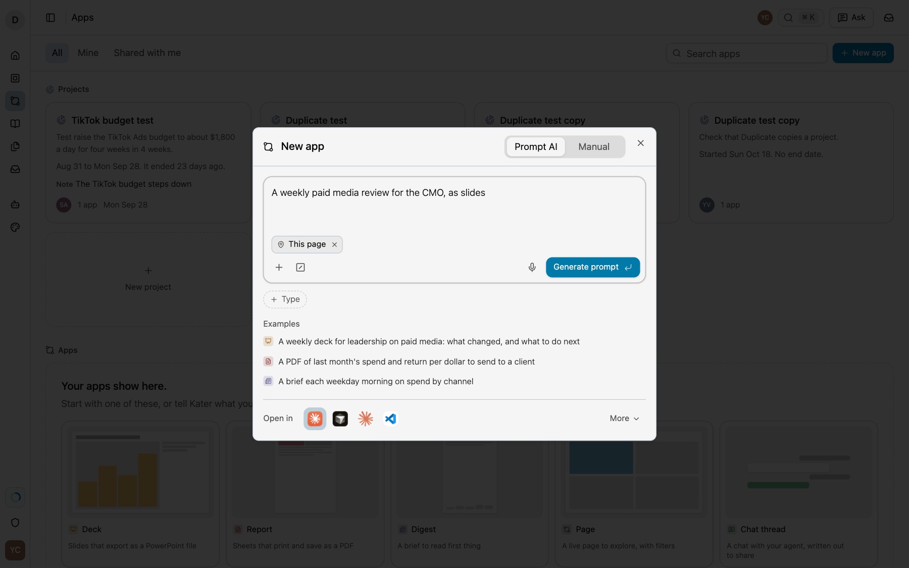 The New app dialog on its Prompt AI tab: the composer with a description of the app, This page and Generate prompt, the Type pill, three examples and the Open in row