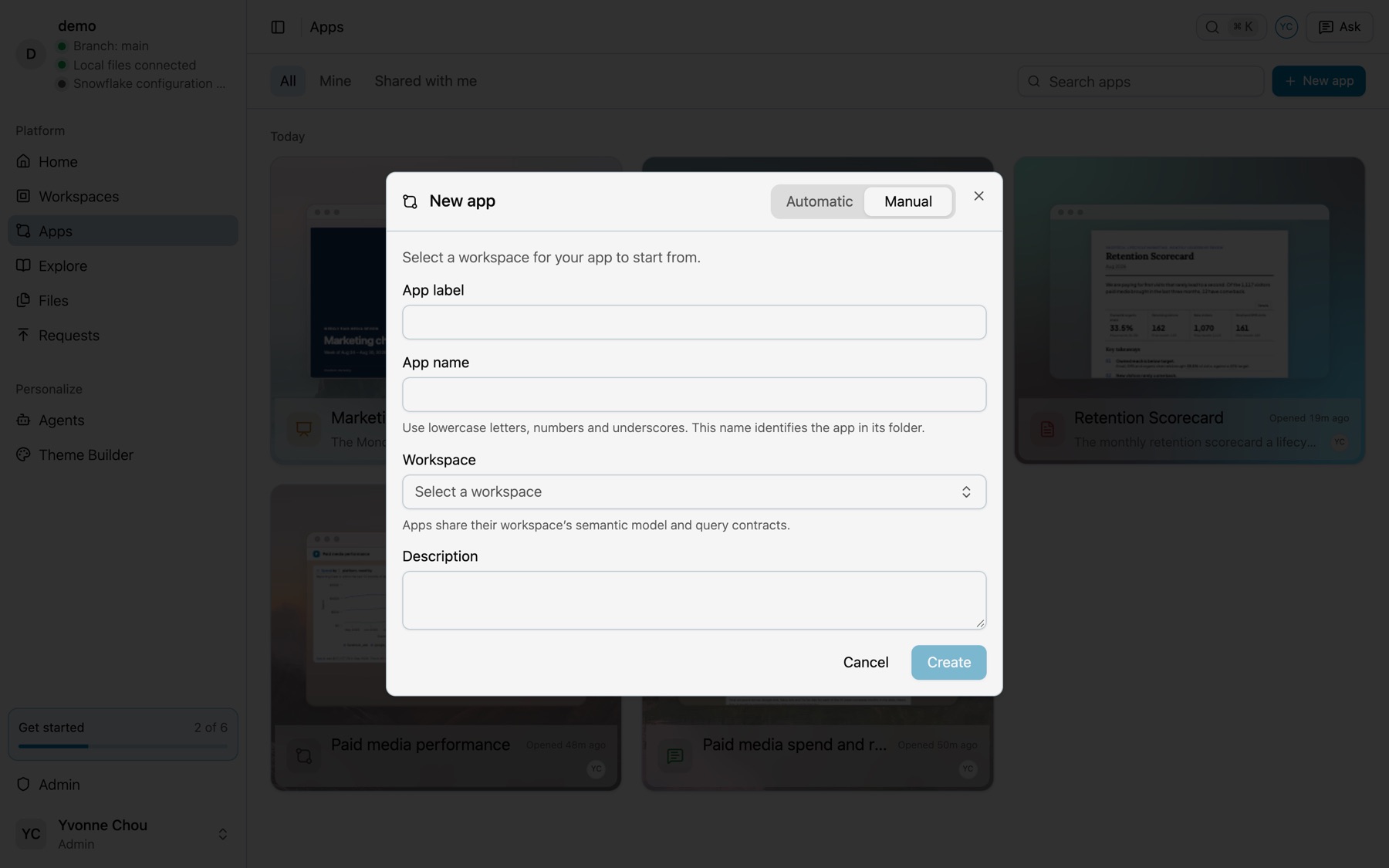 The New app dialog on its Manual tab with a workspace picker and the App label, App name and Description fields