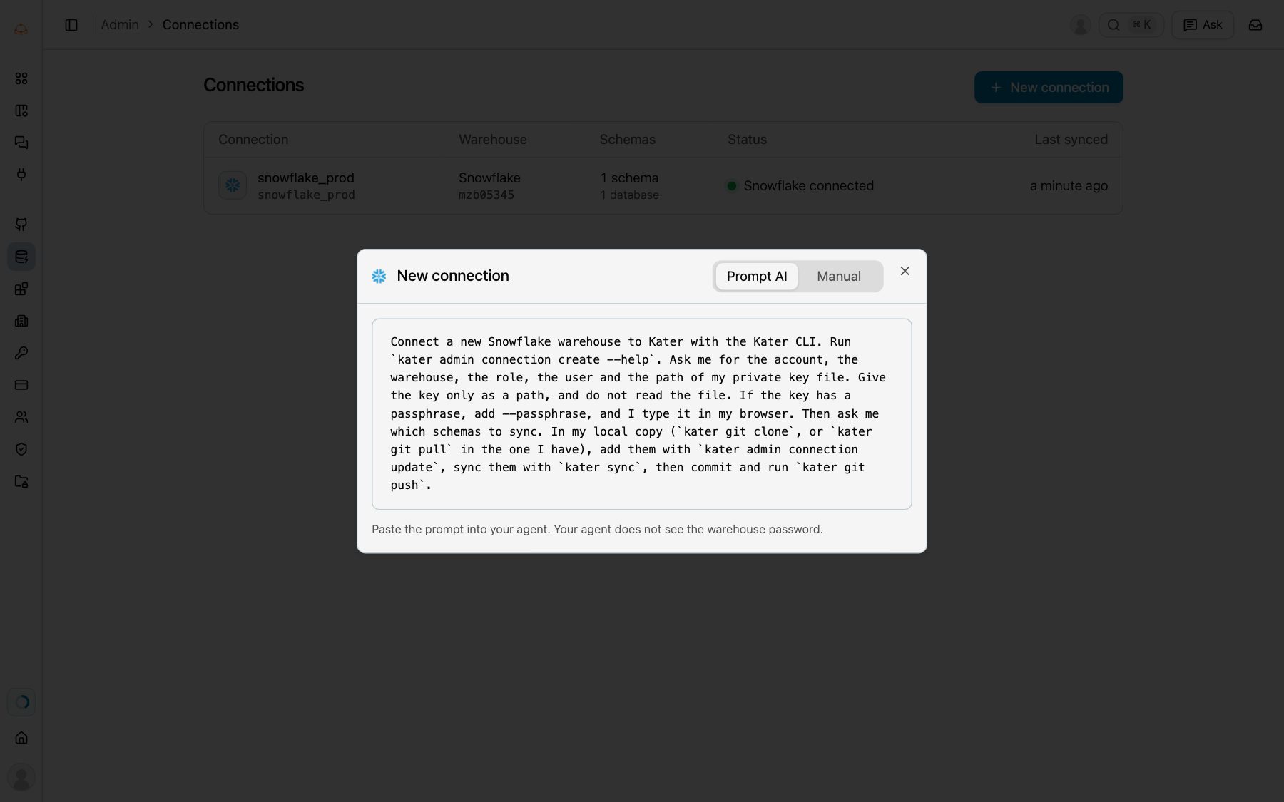 The New connection dialog over Connections, on Prompt AI, with the prompt to paste into your agent
