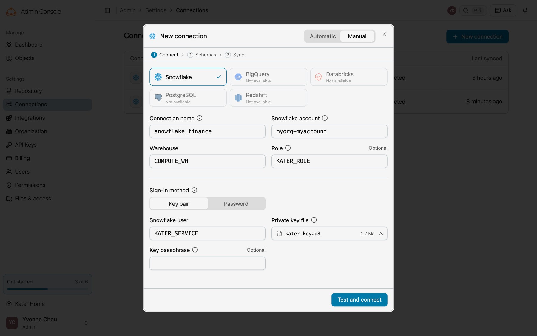 New connection on Manual, Connect step, with Snowflake selected, the name snowflake_finance, the account, warehouse, role, Key pair, the user and the file kater_key.p8