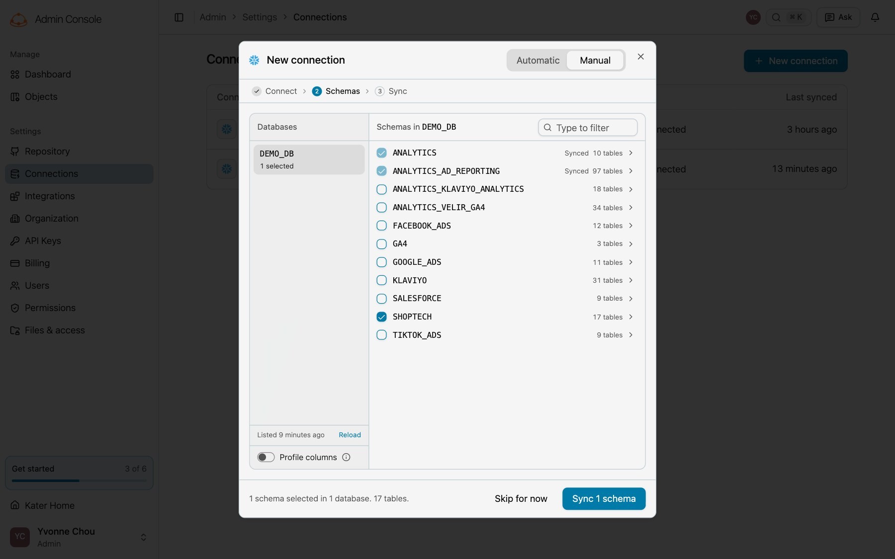 New connection on the Schemas step, with SHOPTECH selected, 1 schema selected in 1 database, 17 tables, and Skip for now beside Sync 1 schema