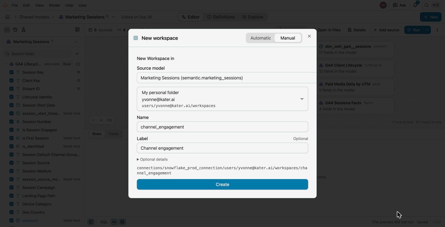 The New workspace dialog on its Manual tab over the Marketing Sessions model, with Source model Marketing Sessions, My personal folder, Name channel_engagement, Label Channel engagement and Create