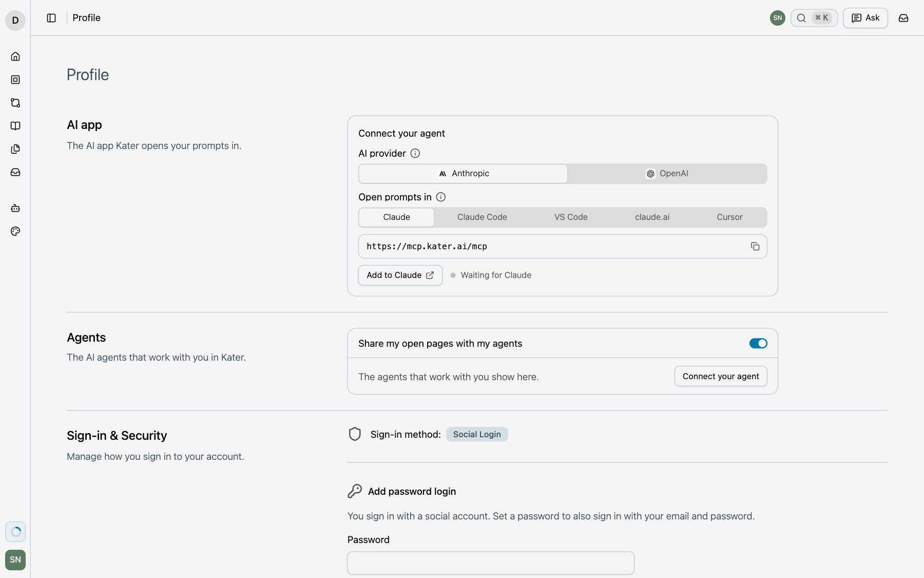 Profile, AI app section with Connect your agent: AI provider with Anthropic selected, Open prompts in with Claude selected, the Kater MCP address with Copy, Add to Claude and Waiting for Claude