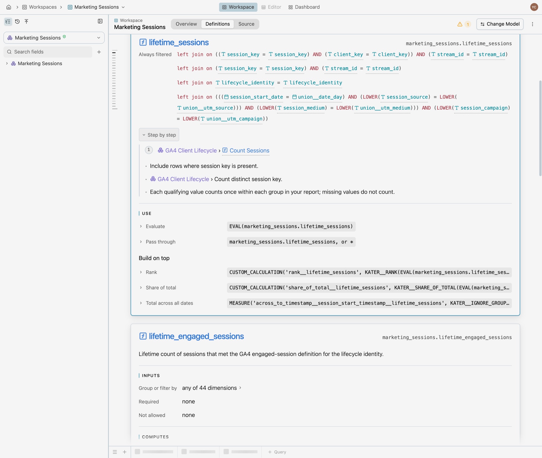 The same card scrolled to Step by step: 1, GA4 Client Lifecycle, Count Sessions: Include rows where session key is present. Count distinct session key. Then USE with Evaluate and Pass through, and Build on top with Rank and Share of total