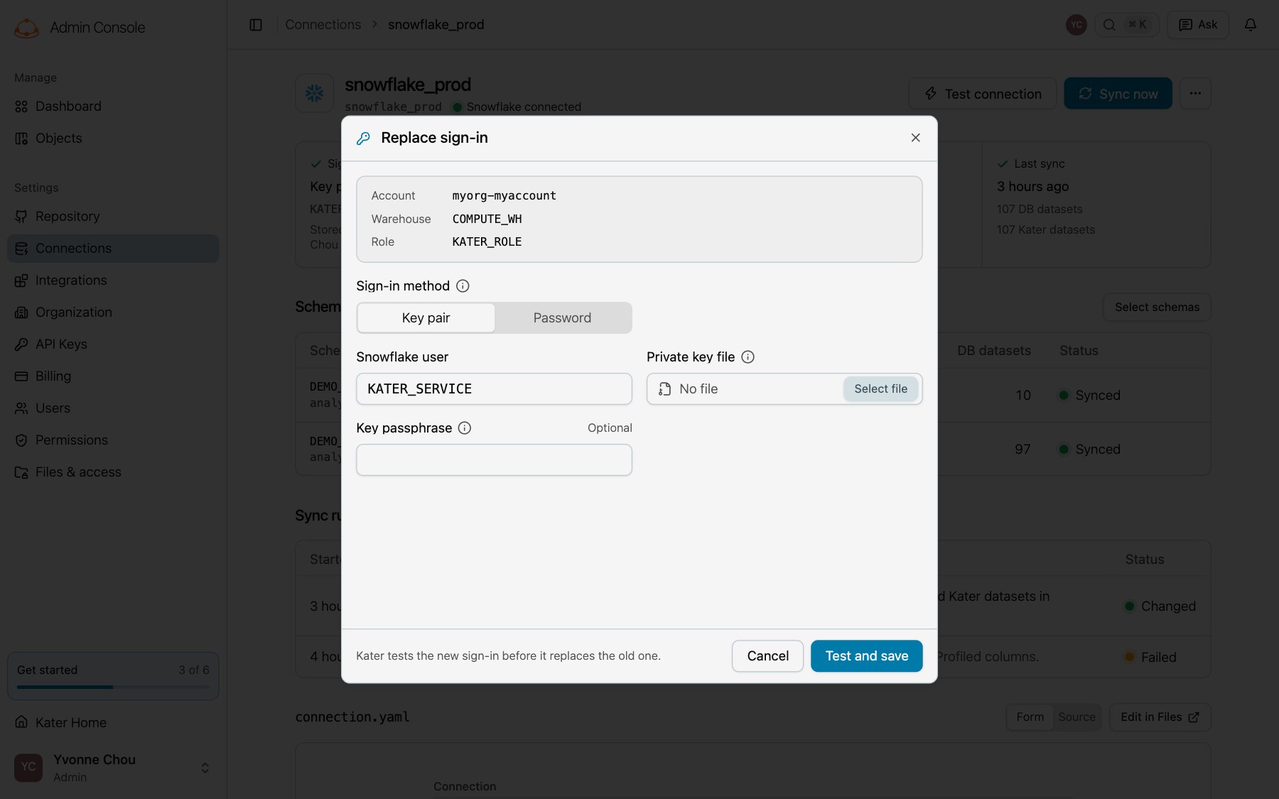The Replace sign-in dialog with the account, warehouse and role, the sign-in method, the user, the key file and Test and save