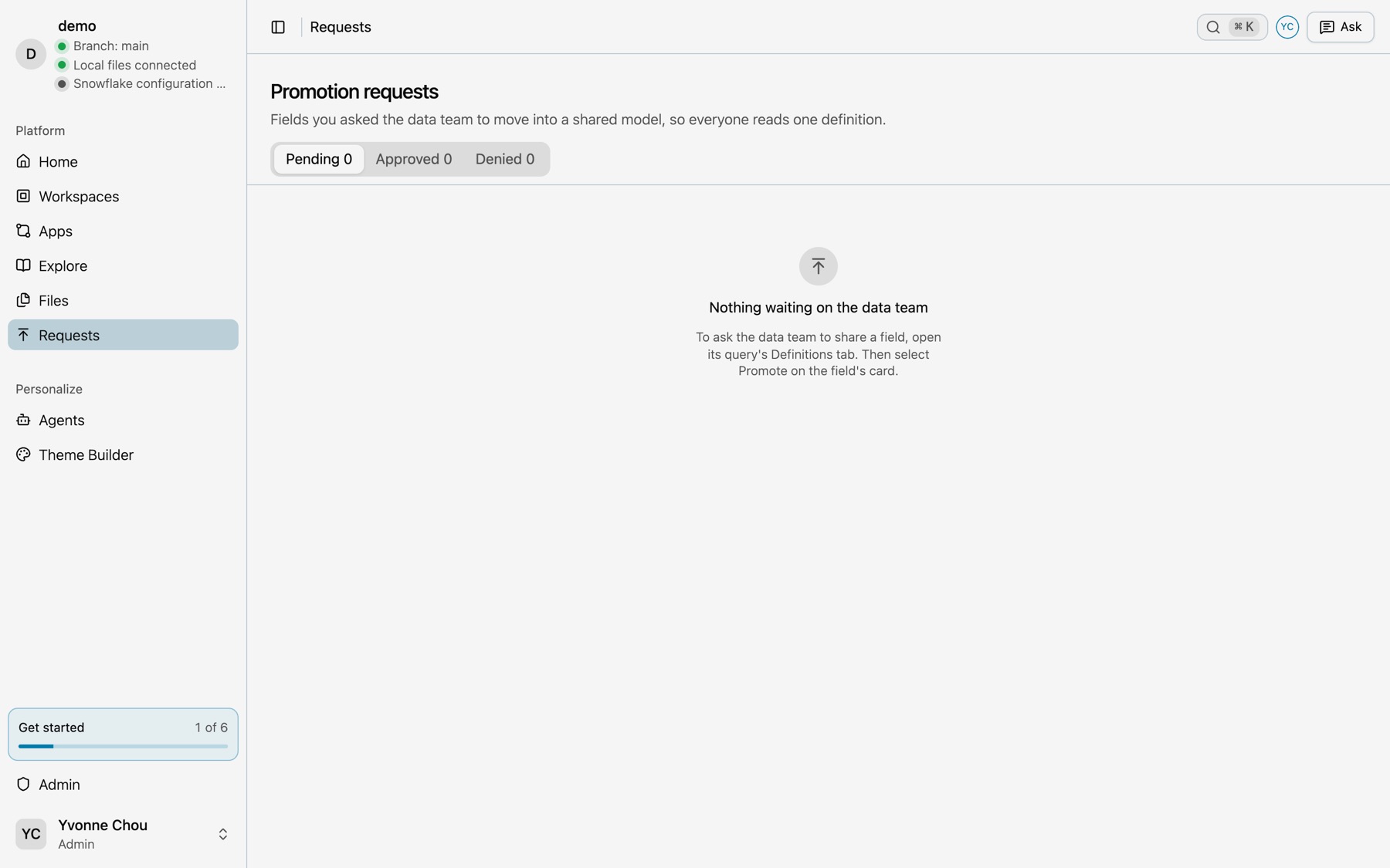 The Promotion requests page with Pending, Approved and Denied tabs