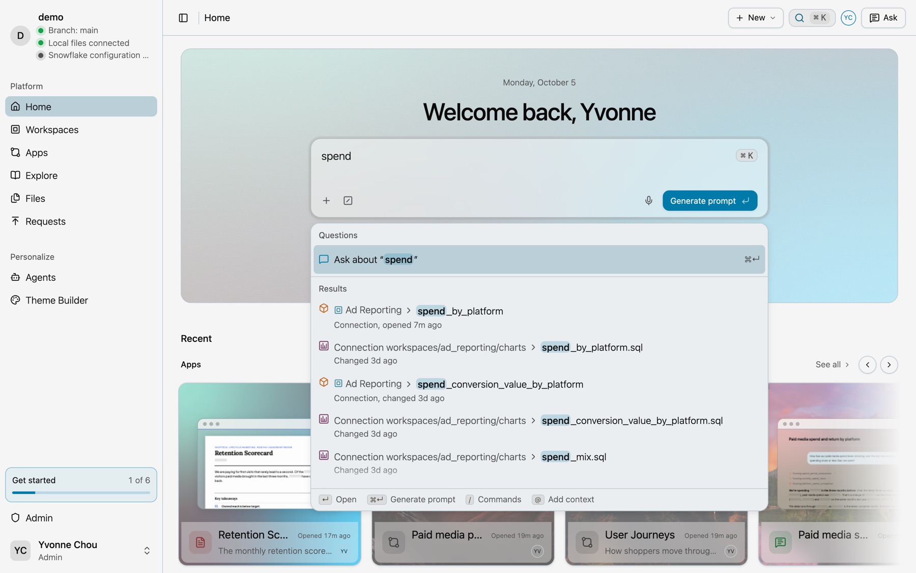 The Home field with spend typed, the Ask about spend row under Questions, and matching queries and charts under Results