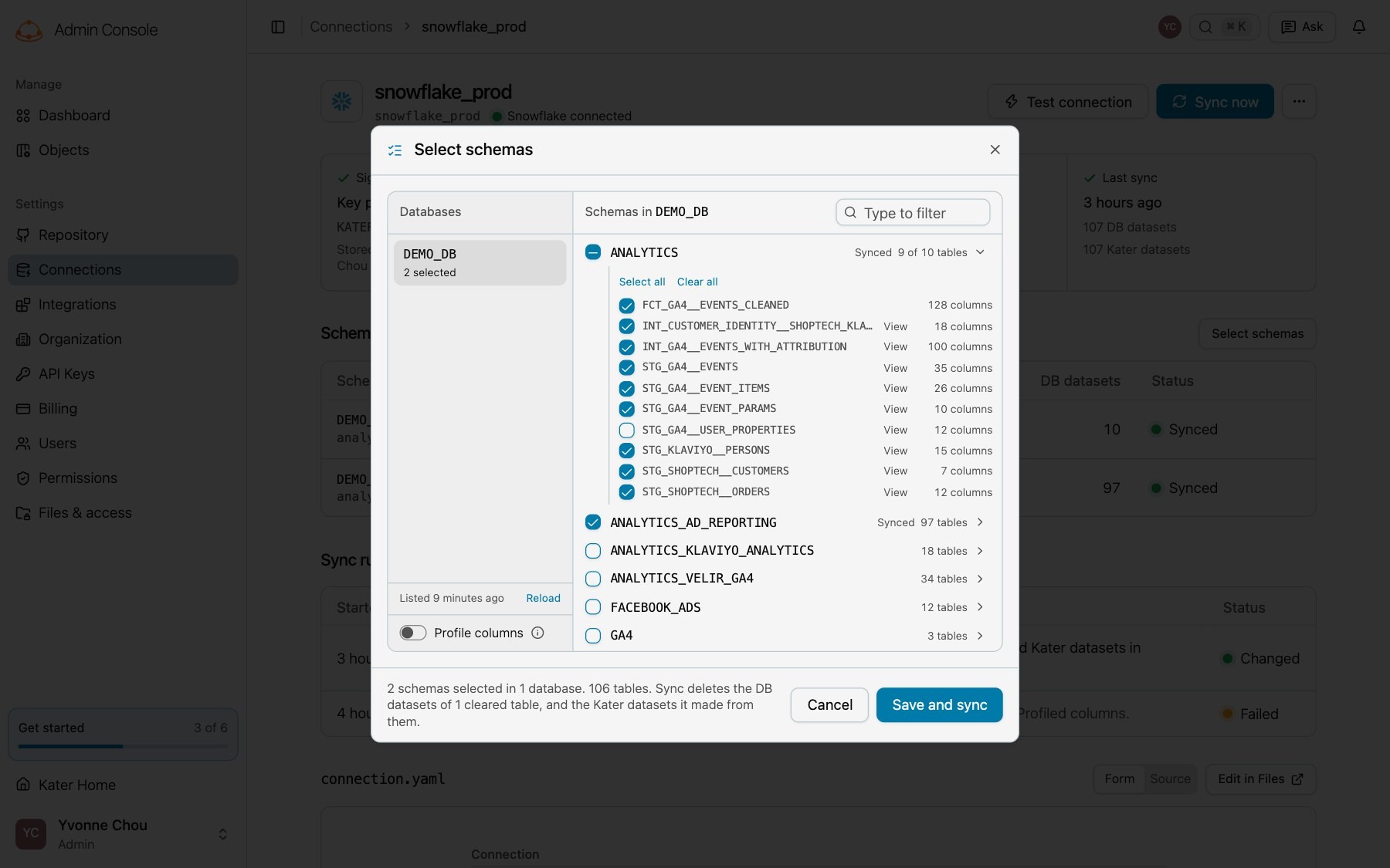 Select schemas with the schema ANALYTICS open, one of its tables cleared so it reads 9 of 10 tables, and a footer that says the sync deletes the DB datasets of 1 cleared table
