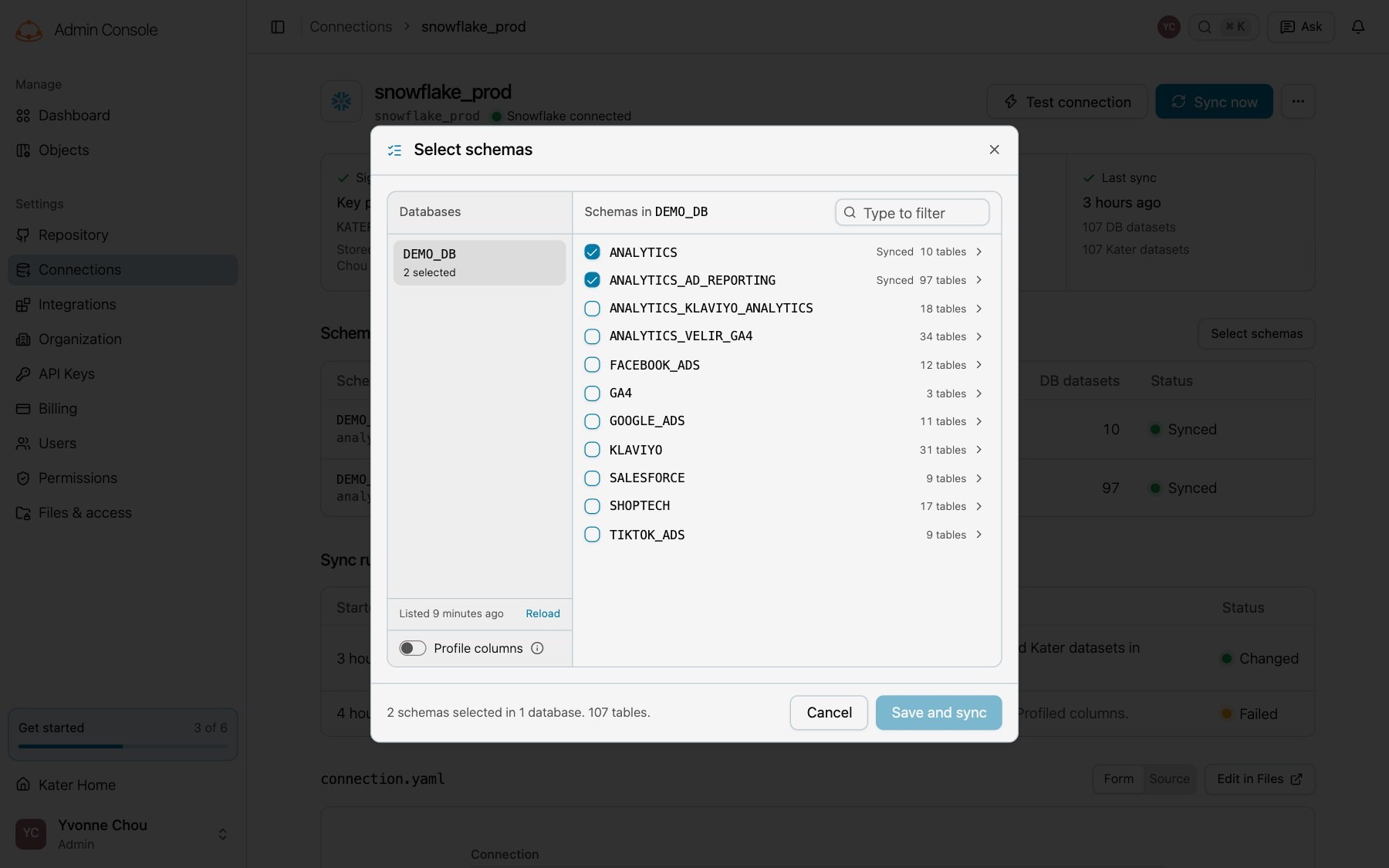 The Select schemas dialog with DEMO_DB selected, its schemas with their table counts, two of them synced, and Listed 9 minutes ago with Reload under the databases