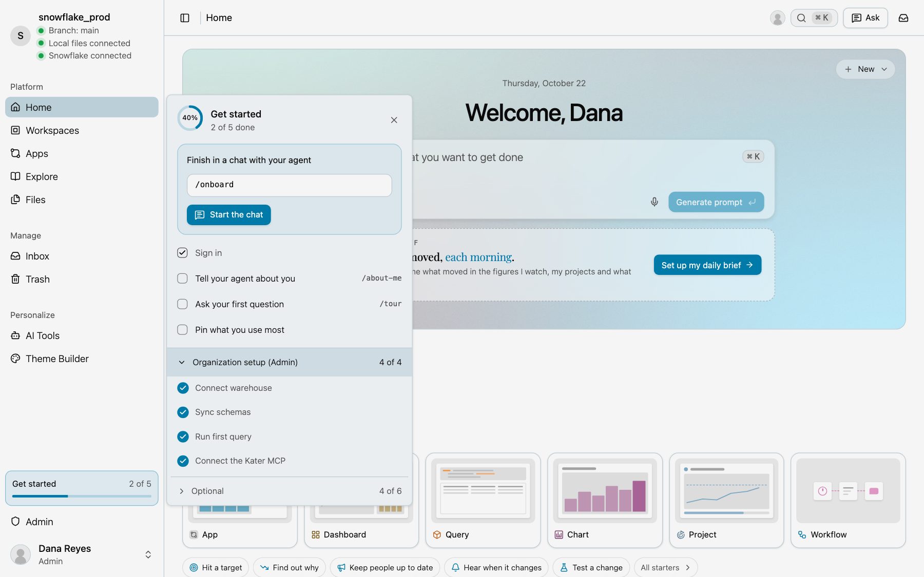Home with Get started open at the foot of the sidebar: Organization setup (Admin) at 4 of 4, with each required step and the optional steps the agent did checked