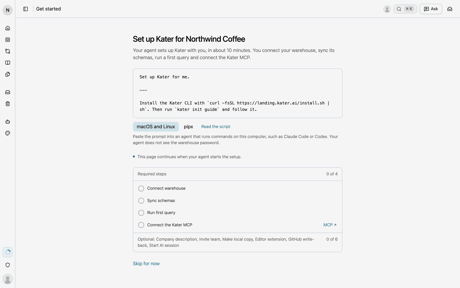 Get started for Northwind Coffee, with the prompt for your agent, macOS and Linux or pipx, and the four required steps
