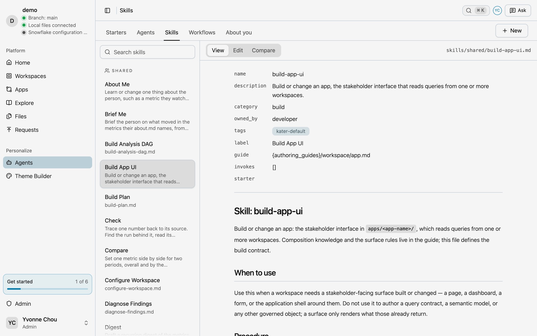 The Agents Skills page with the build-app-ui skill open in the Markdown editor
