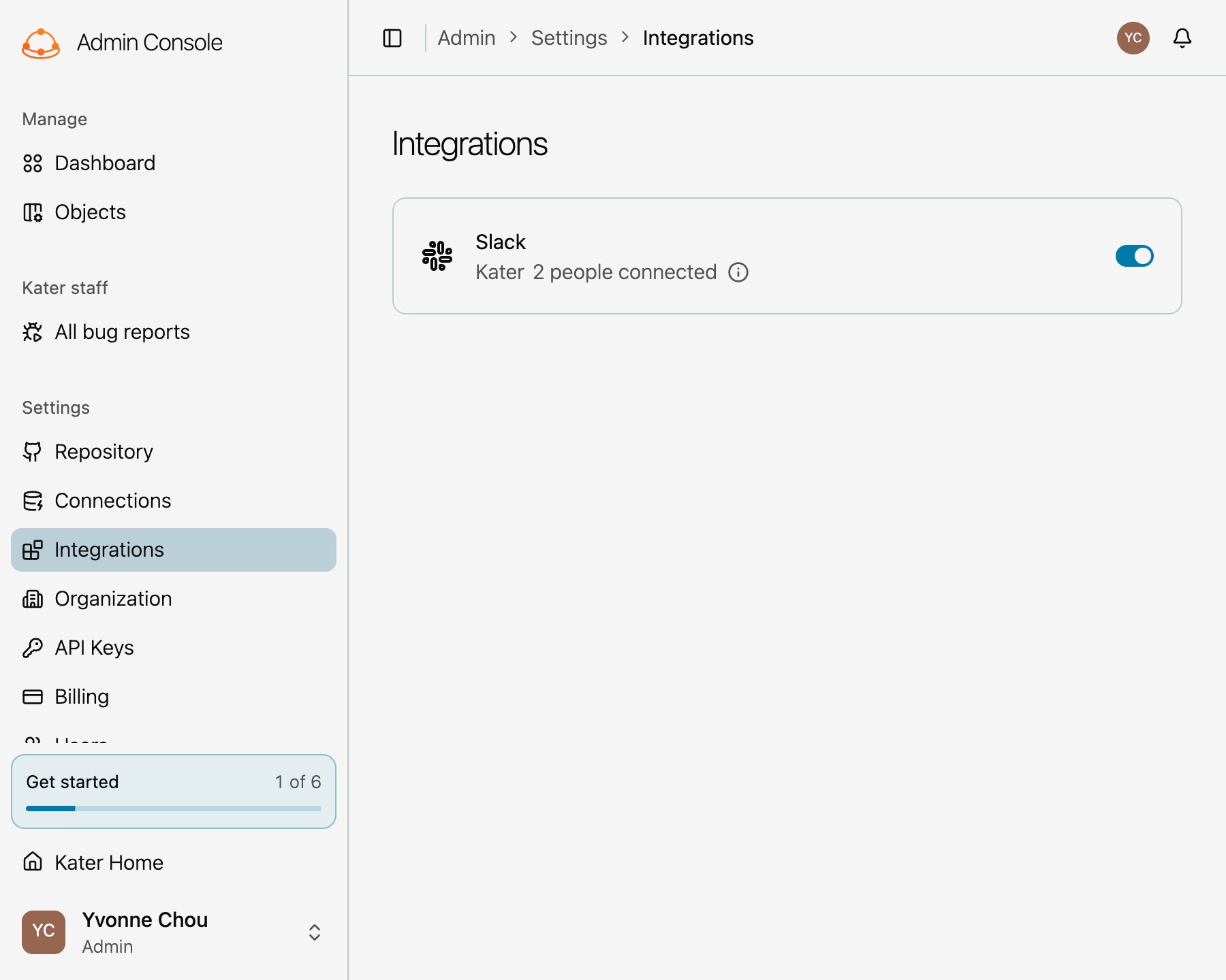 Admin Console, Settings, Integrations. The Slack row shows the workspace Kater, 2 people connected, an information mark, and its switch turned on.