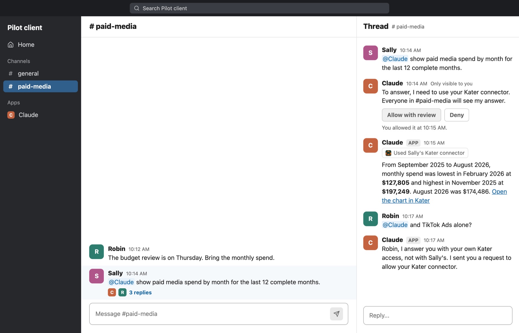 In the paid-media channel, Sally asks @Claude for paid media spend by month for the last 12 complete months. In the thread, Claude asks her to use her Kater connector and says everyone in the channel will see the answer, with Allow with review and Deny. After she allows it, Claude answers with Used Sally's Kater connector and a link to open the chart in Kater. Robin asks a follow-up. Claude tells him it answers with his own Kater access, not Sally's, and sent him a request to allow his connector.