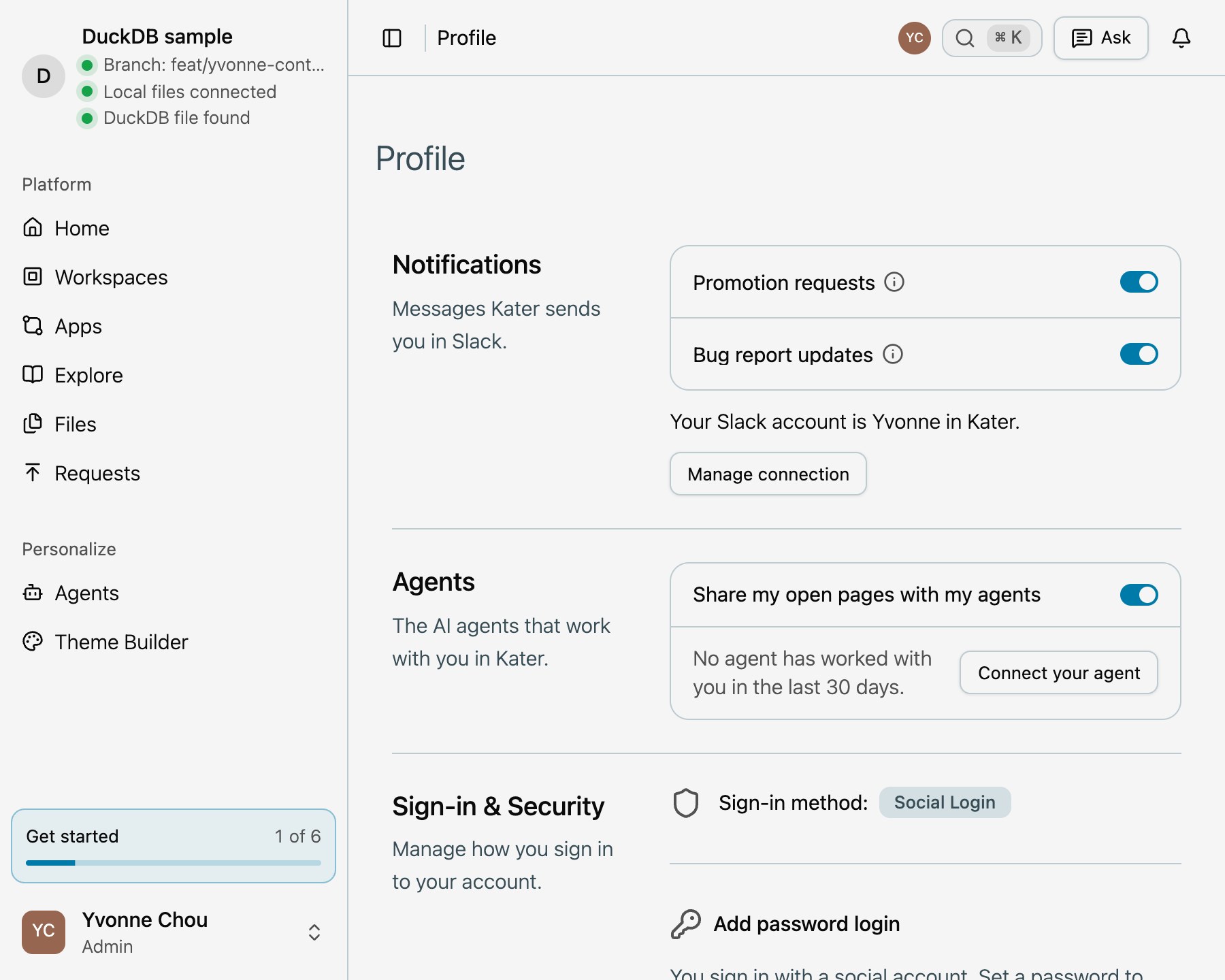 Profile, Notifications: Messages Kater sends you in Slack. The Promotion requests and Bug report updates switches are both on, each with an information mark. Below them, Your Slack account is Yvonne in Kater., and a Manage connection button.