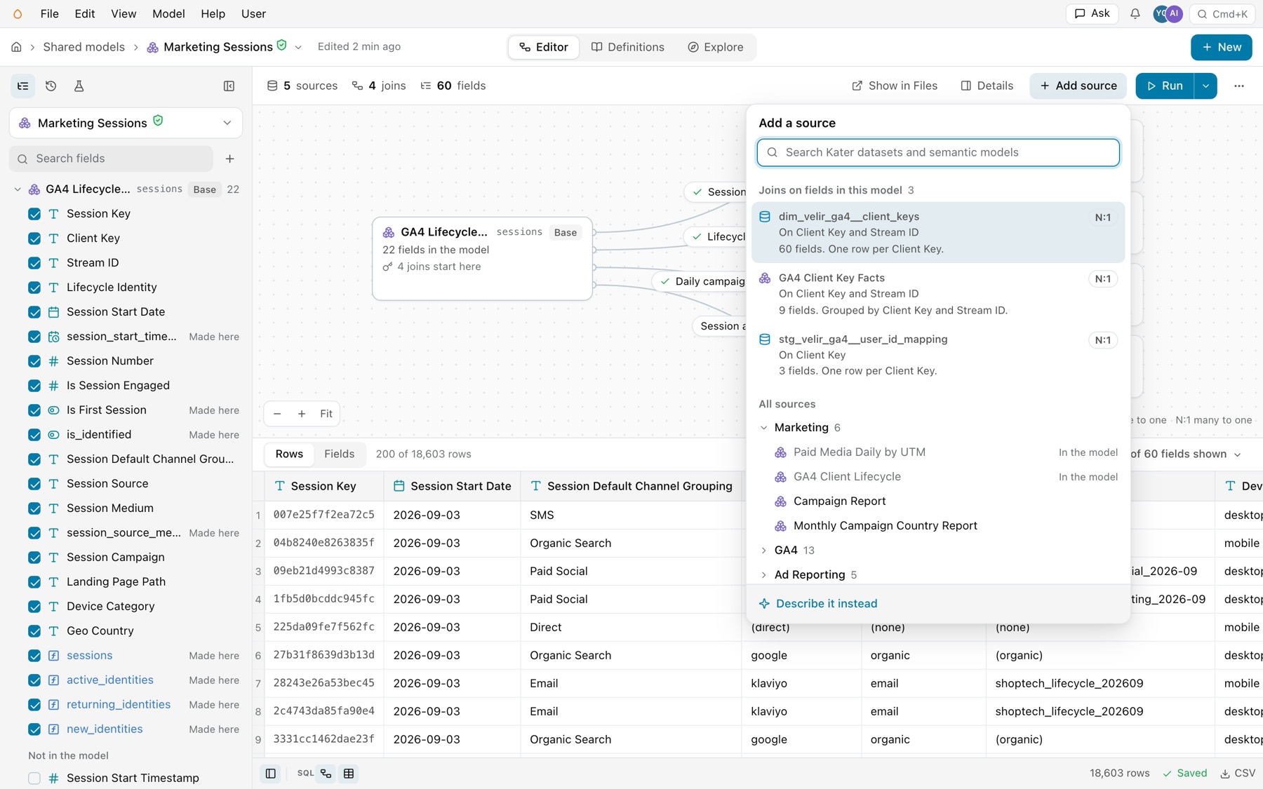 The Add a source popover: search Kater datasets and semantic models, Joins on fields in this model with three suggestions and their keys, field counts and N:1, All sources by topic with Paid Media Daily by UTM and GA4 Client Lifecycle marked In the model, and Describe it instead