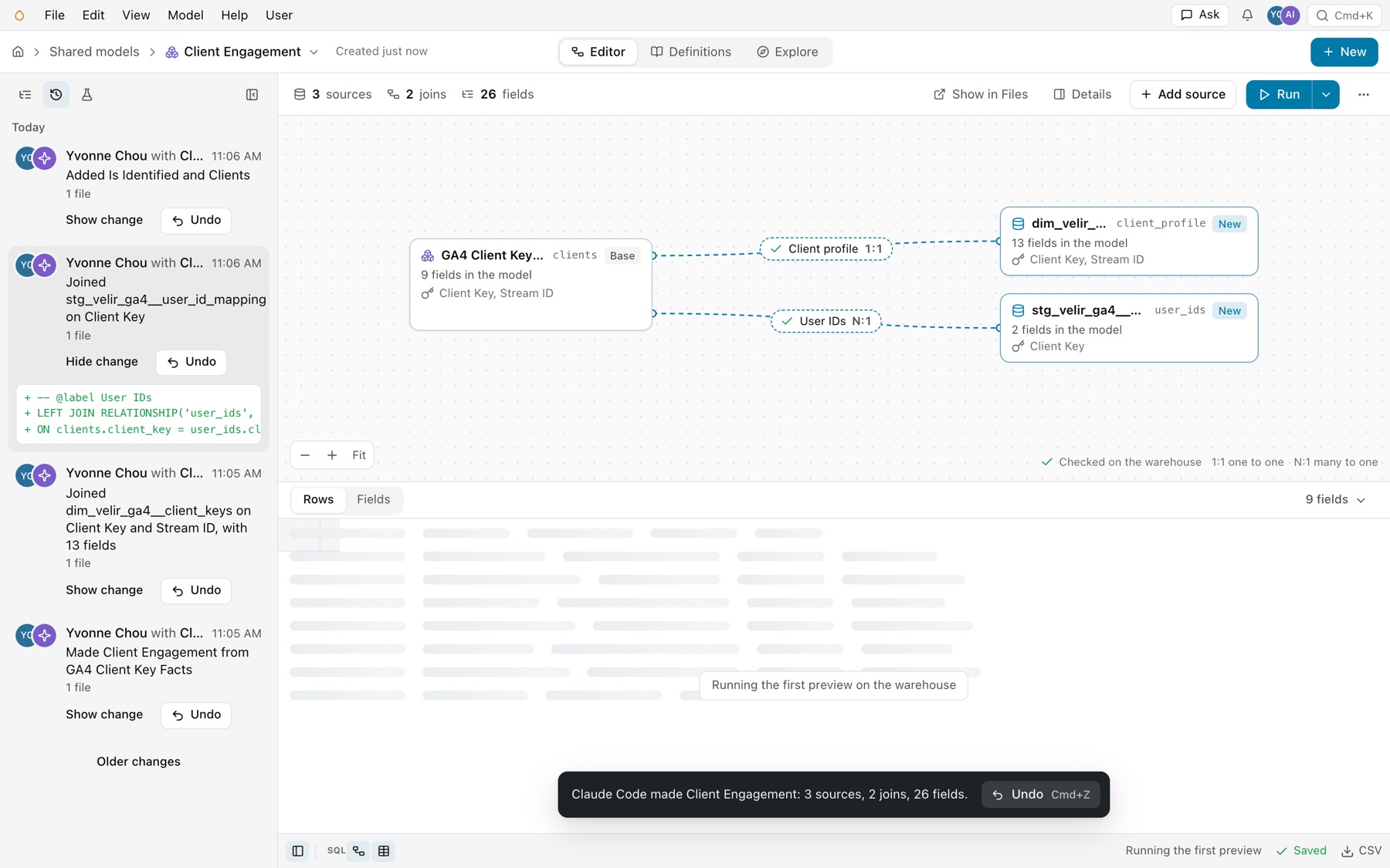 Client Engagement after an agent built it: two joined sources, client_profile and user_ids, marked New and checked, the History tab listing four changes by Yvonne Chou with Claude Code with one diff open, and a toast that says Claude Code made Client Engagement: 3 sources, 2 joins, 26 fields.
